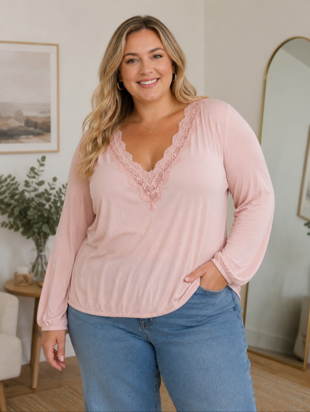 Penningtons Pink Lace V-Neck Blouse